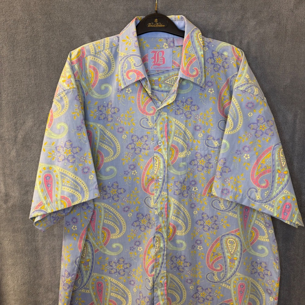 Brooklyn Xpress Mens XL Paisley Floral Button Down Shirt Short Sleeve Blue Pink
